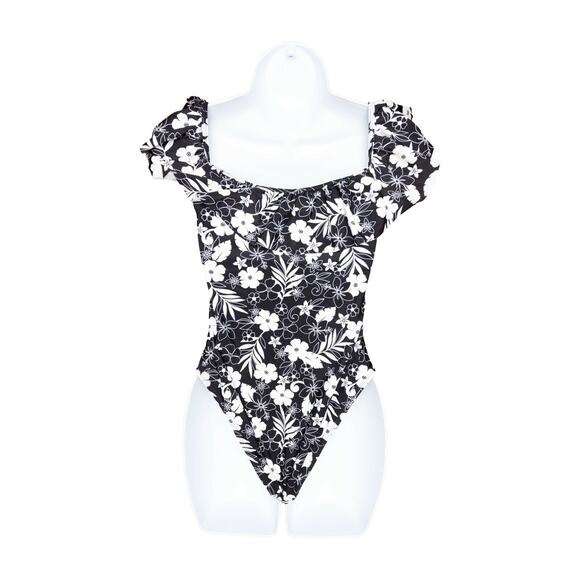 Cabana Del Sol Women Ruffle Off The Shoulders Floral One-Piece Black Size M 8551 - Picture 2 of 2